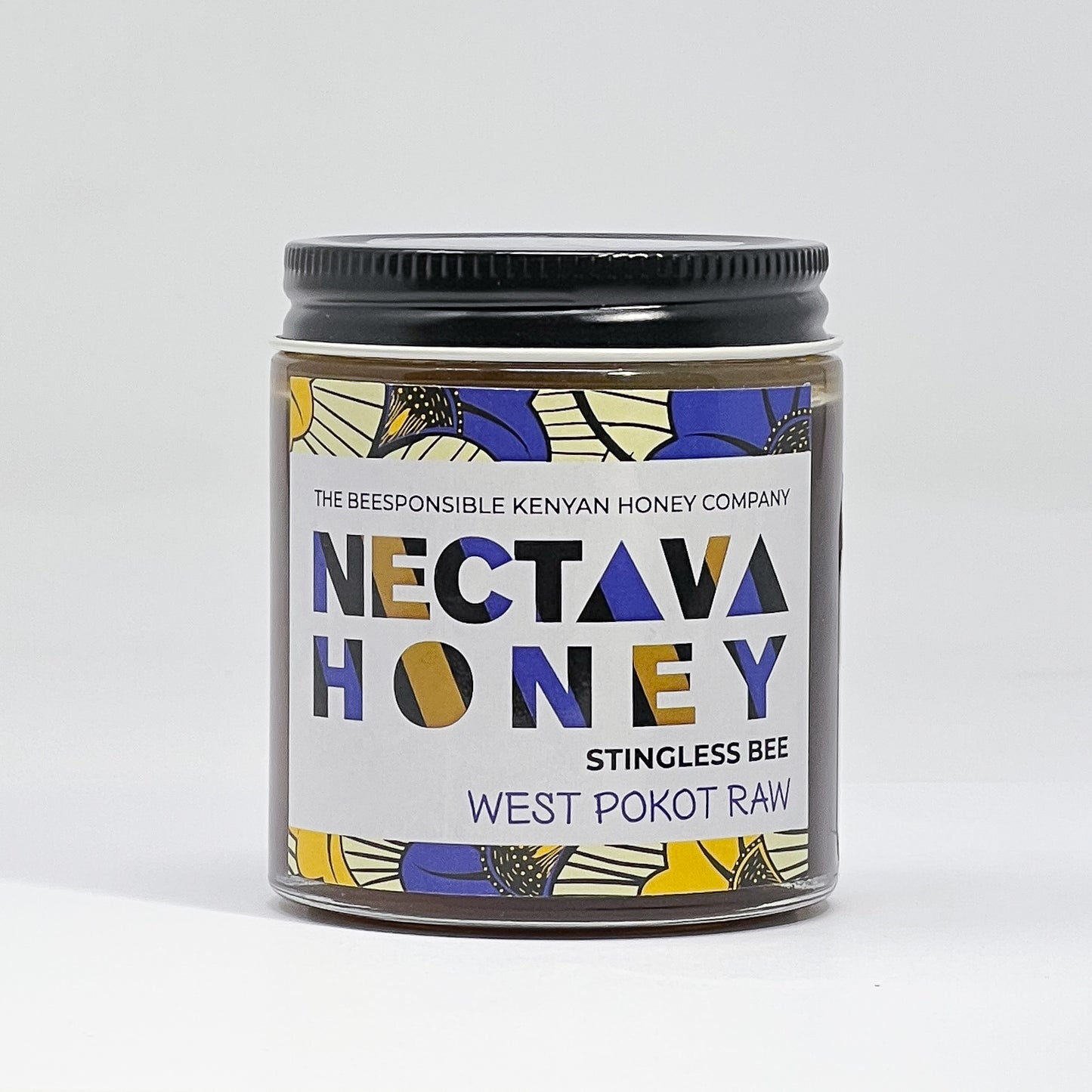 Jar of Nectava Honey with colorful label on a white background