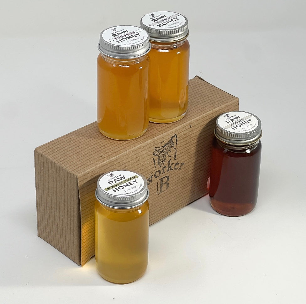 Four jars of raw honey on a wooden stand with 'Worker B' branding.