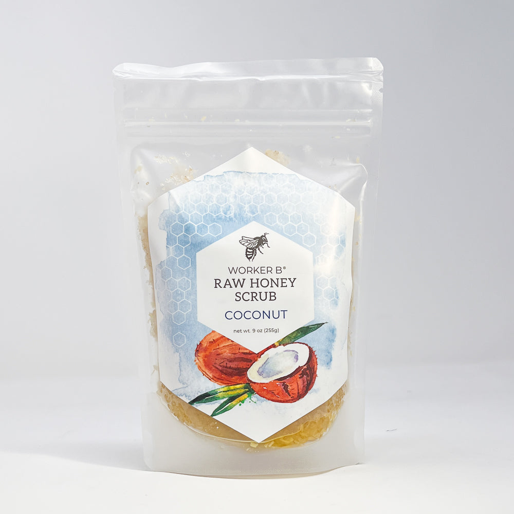 Package of Worker B Raw Honey Scrub Coconut on a white background