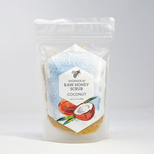 Package of Worker B Raw Honey Scrub Coconut on a white background