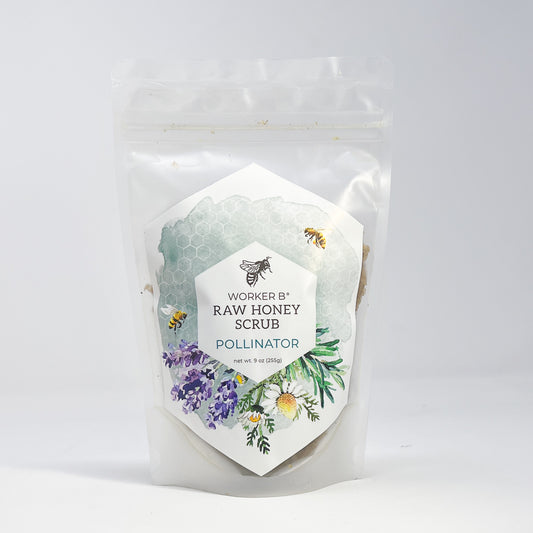Raw honey scrub packaging with floral design and text on a white background